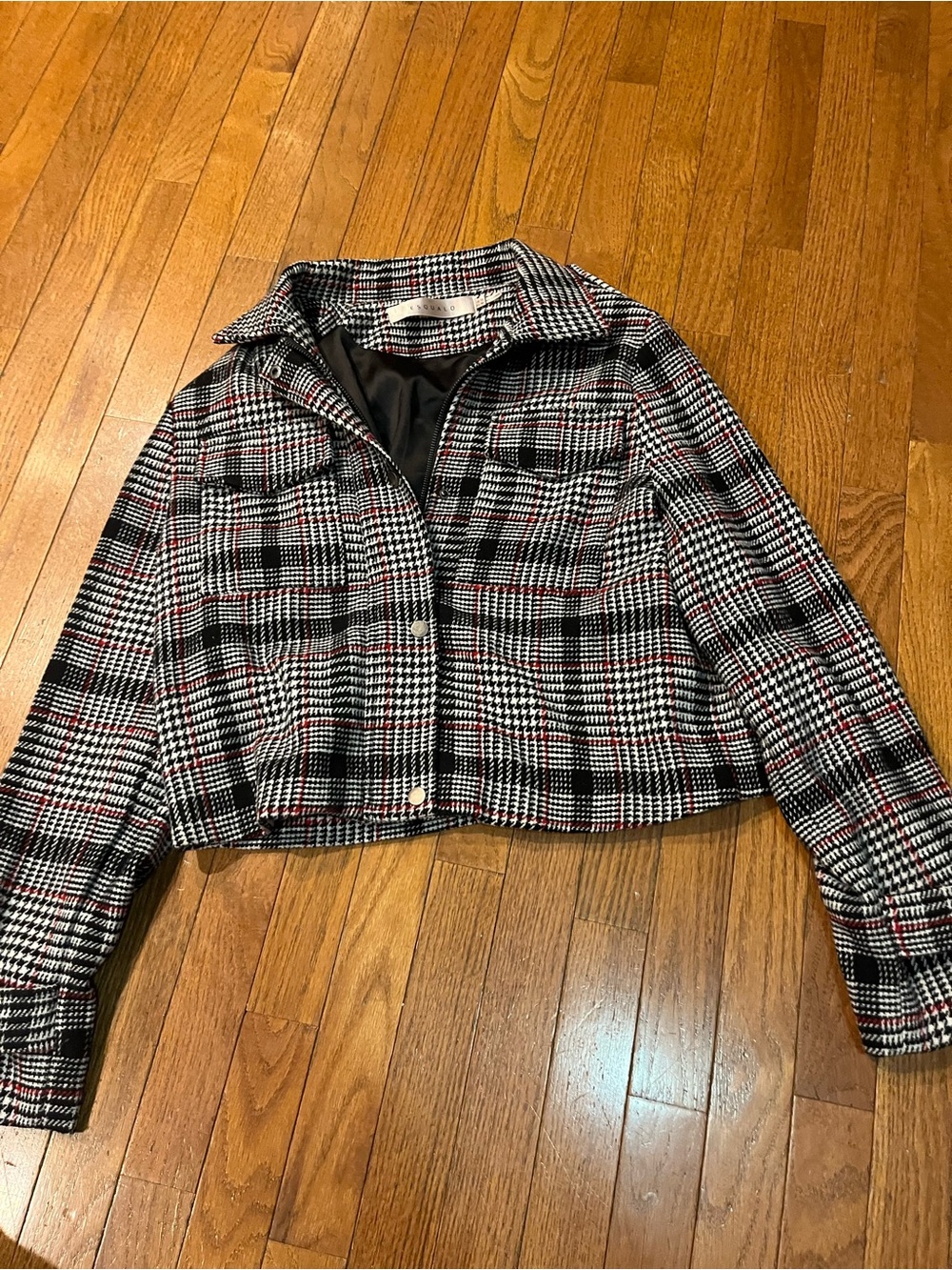 ESQUALO Black, White & Red Plaid Cropped Jacket
